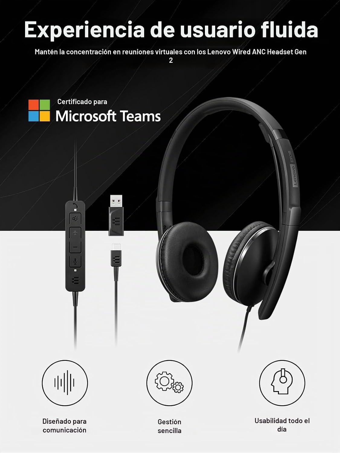 Lenovo Auriculares con Cable ANC de Generación 2 (Teams) con Cancel...