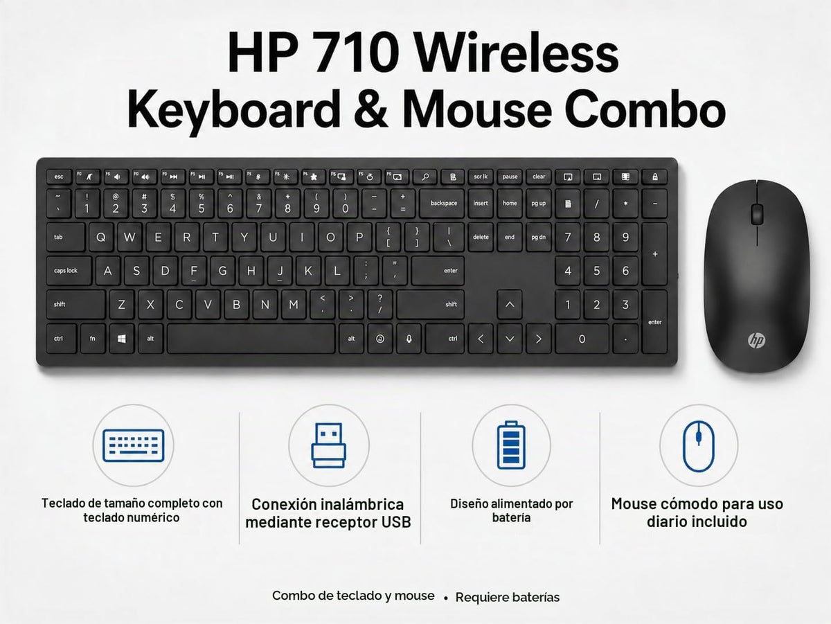 HP Combo de teclado y mouse inalámbricos 710, diseño delgado con te...