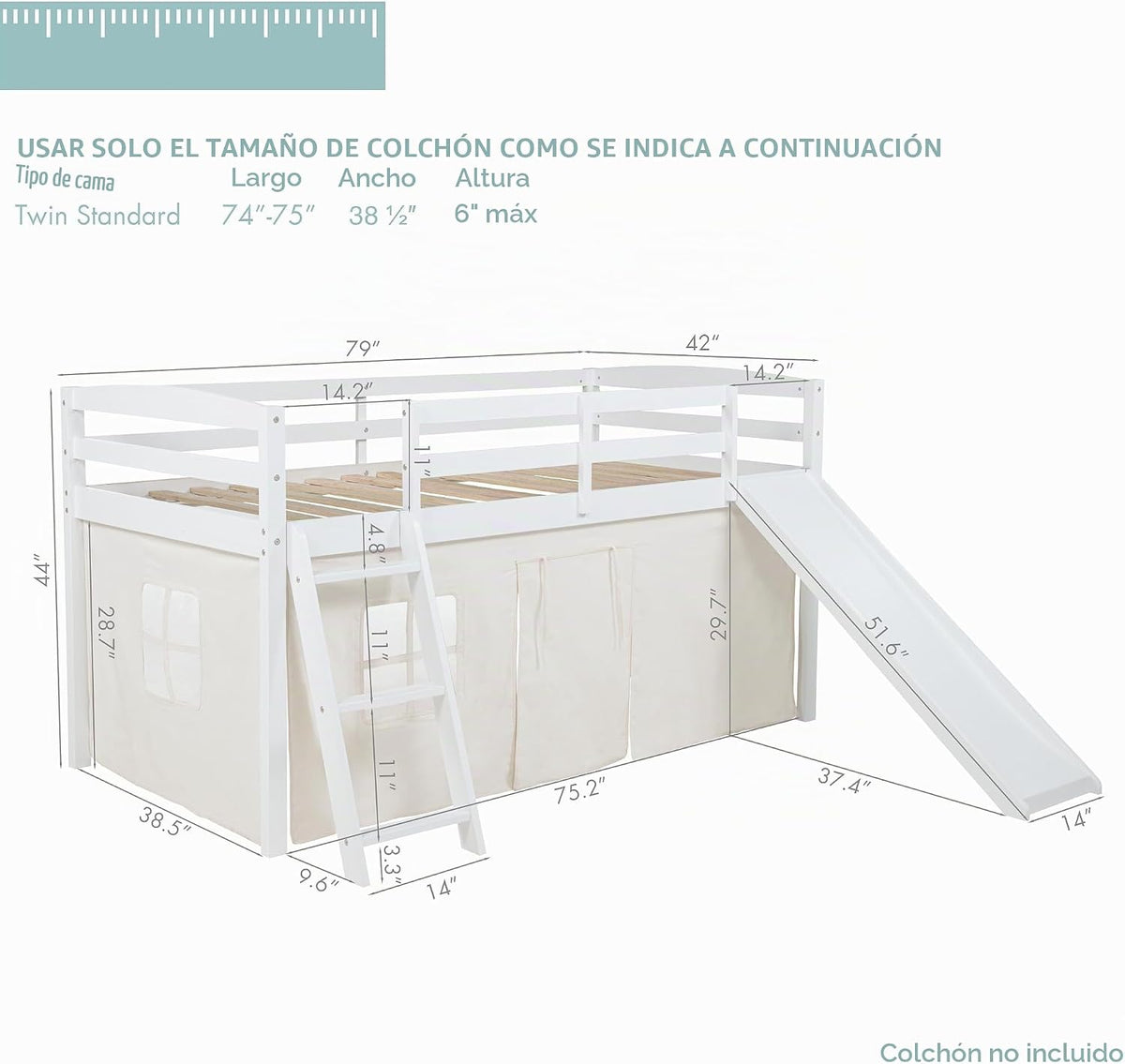 Spirich Cama Loft para Niños con Tobogán y Escalera, Marcos de Cama...