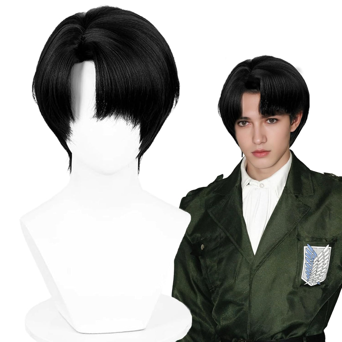 Aicos Peluca corta negra de anime cosplay para hombres con flequill...