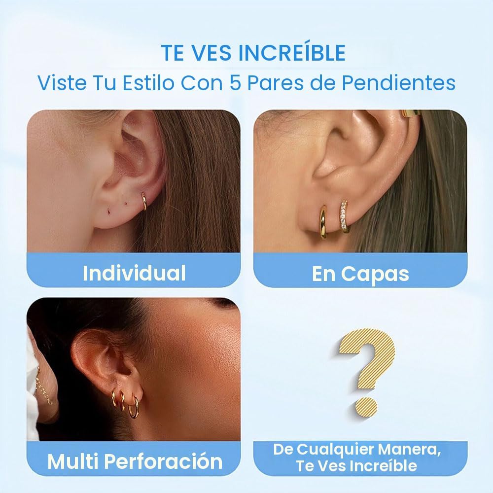 5 pares de pendientes de aro chapados en oro de 14 quilates para mu...