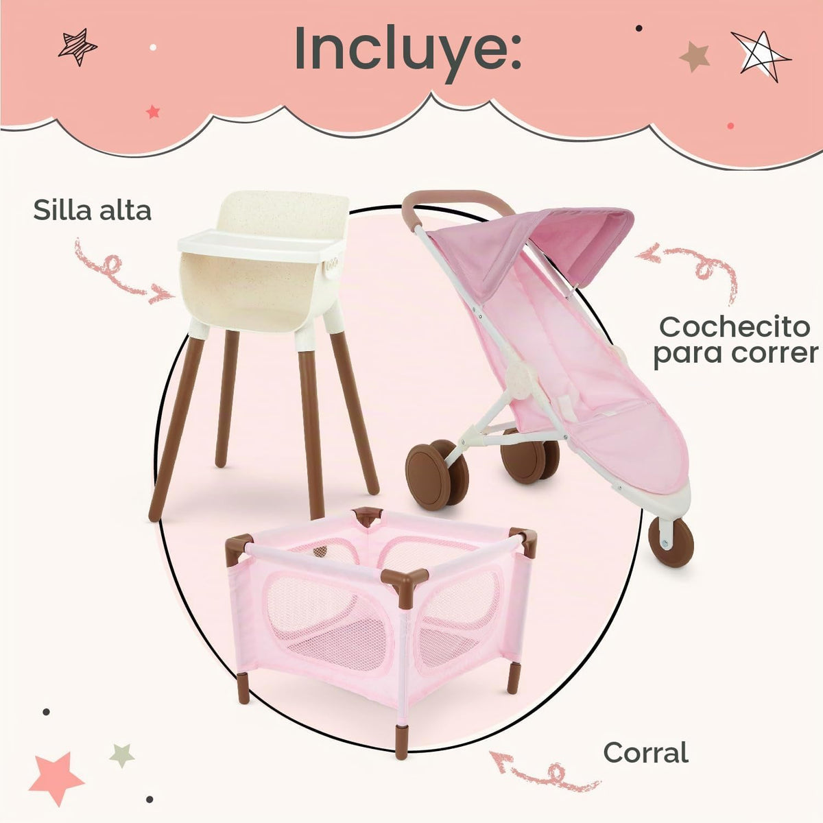 LullaBaby Juego de guardería de muñecas con cochecito, corralito y...