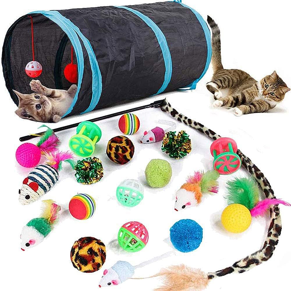 21 piezas de juguetes para gatos de interior: túnel plegable para g...