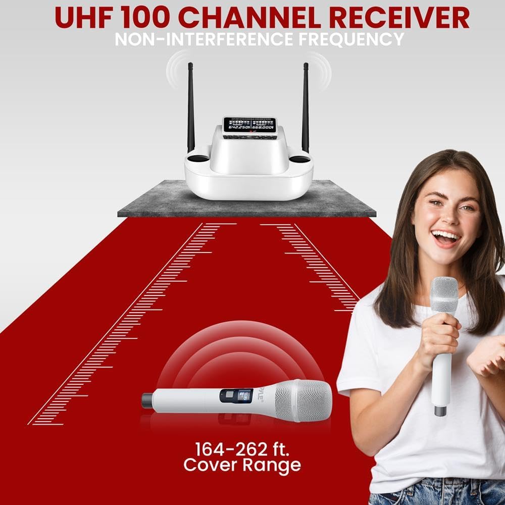 Pyle Sistema de micrófono inalámbrico UHF con micrófonos de mano du...