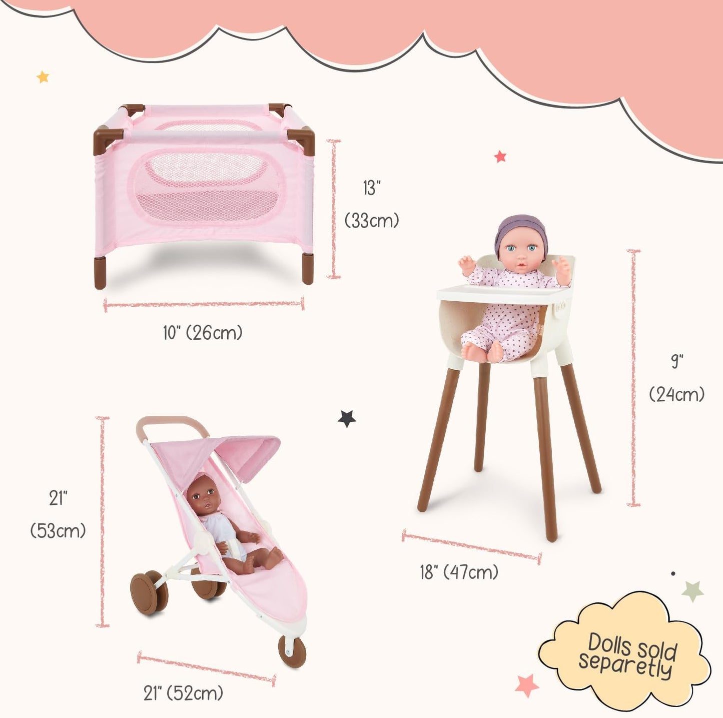 LullaBaby Juego de guardería de muñecas con cochecito, corralito y...