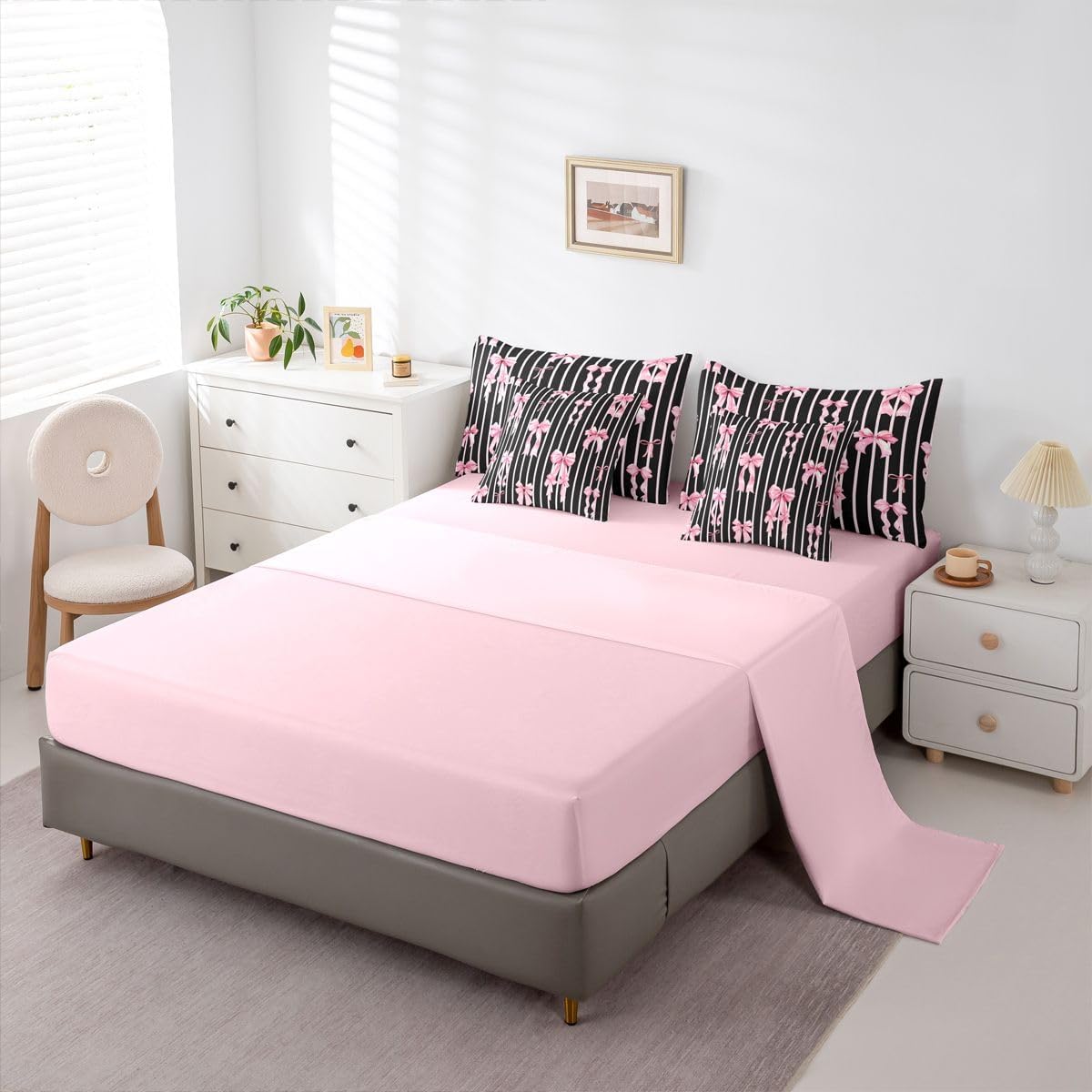 Erosebridal Juego de edredón de 7 piezas con lazos de cinta rosa y...
