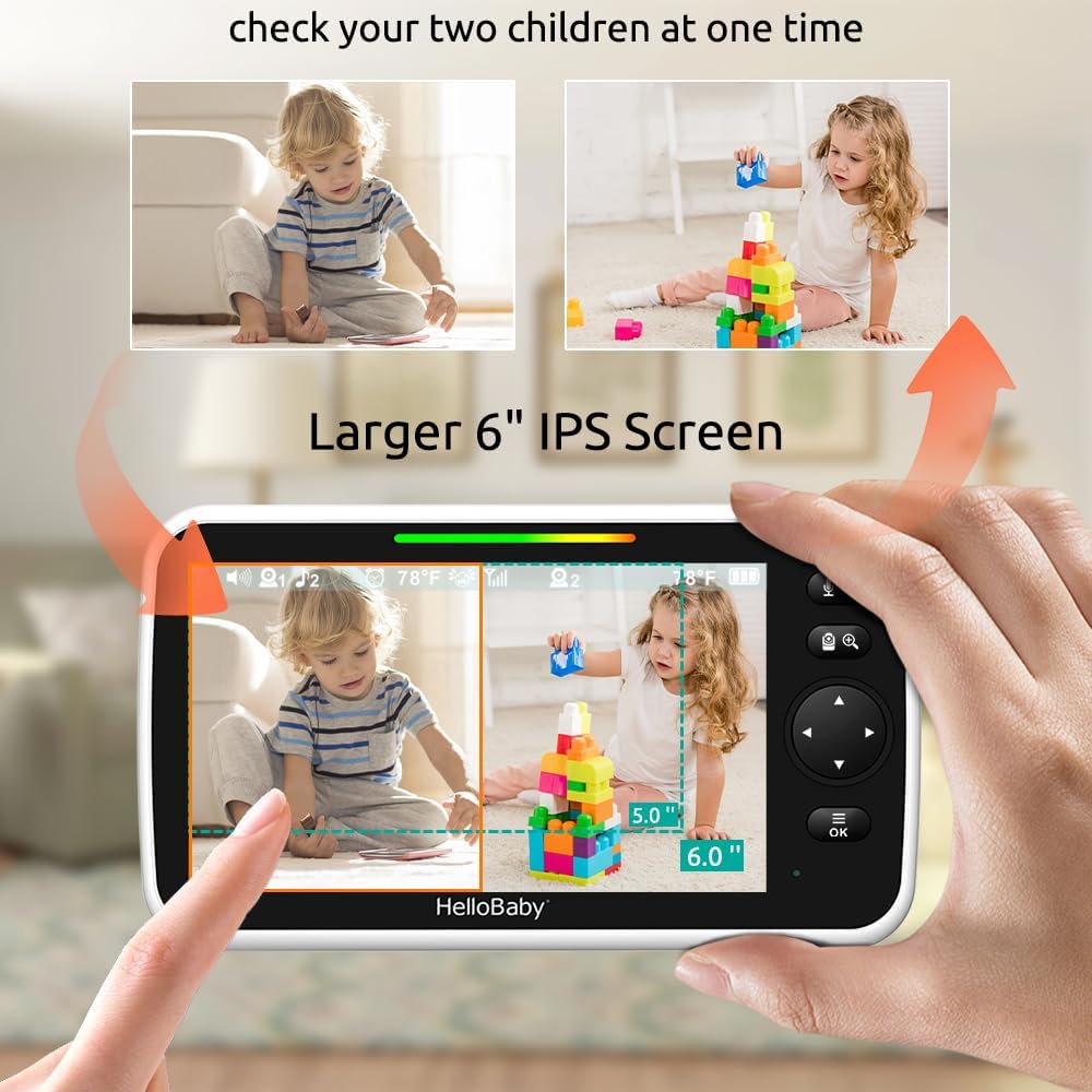 HelloBaby - Monitor de bebé con pantalla dividida de 6 pulgadas, si...