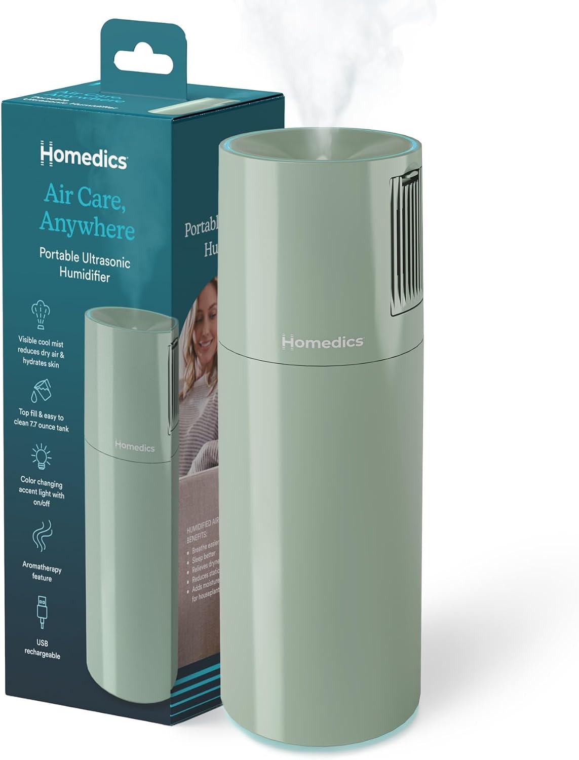 Homedics Humidificador ultrasónico portátil, humidificador de aroma...