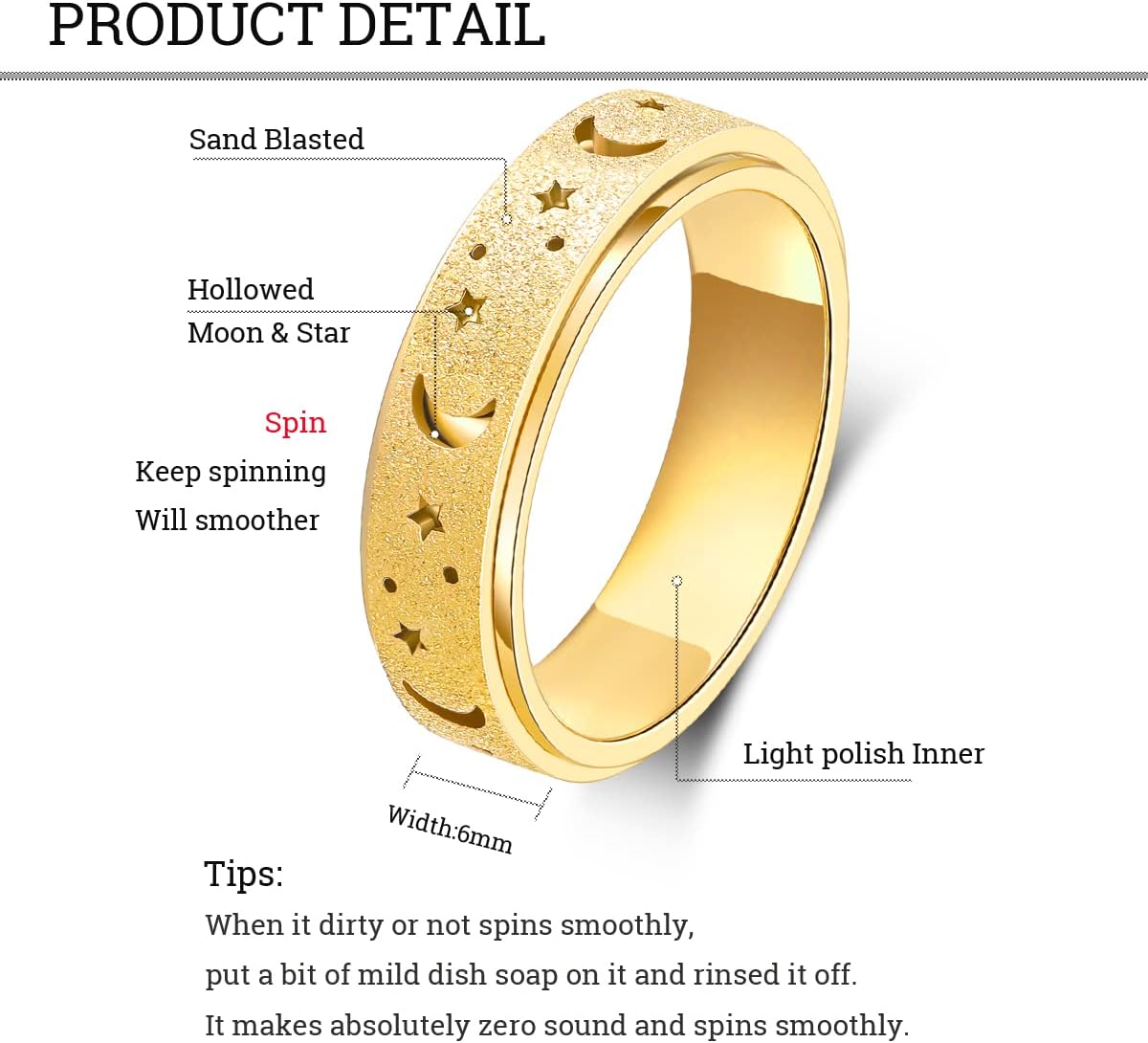 Anillo de ansiedad OreilleStar para mujeres, anillo giratorio de ac...