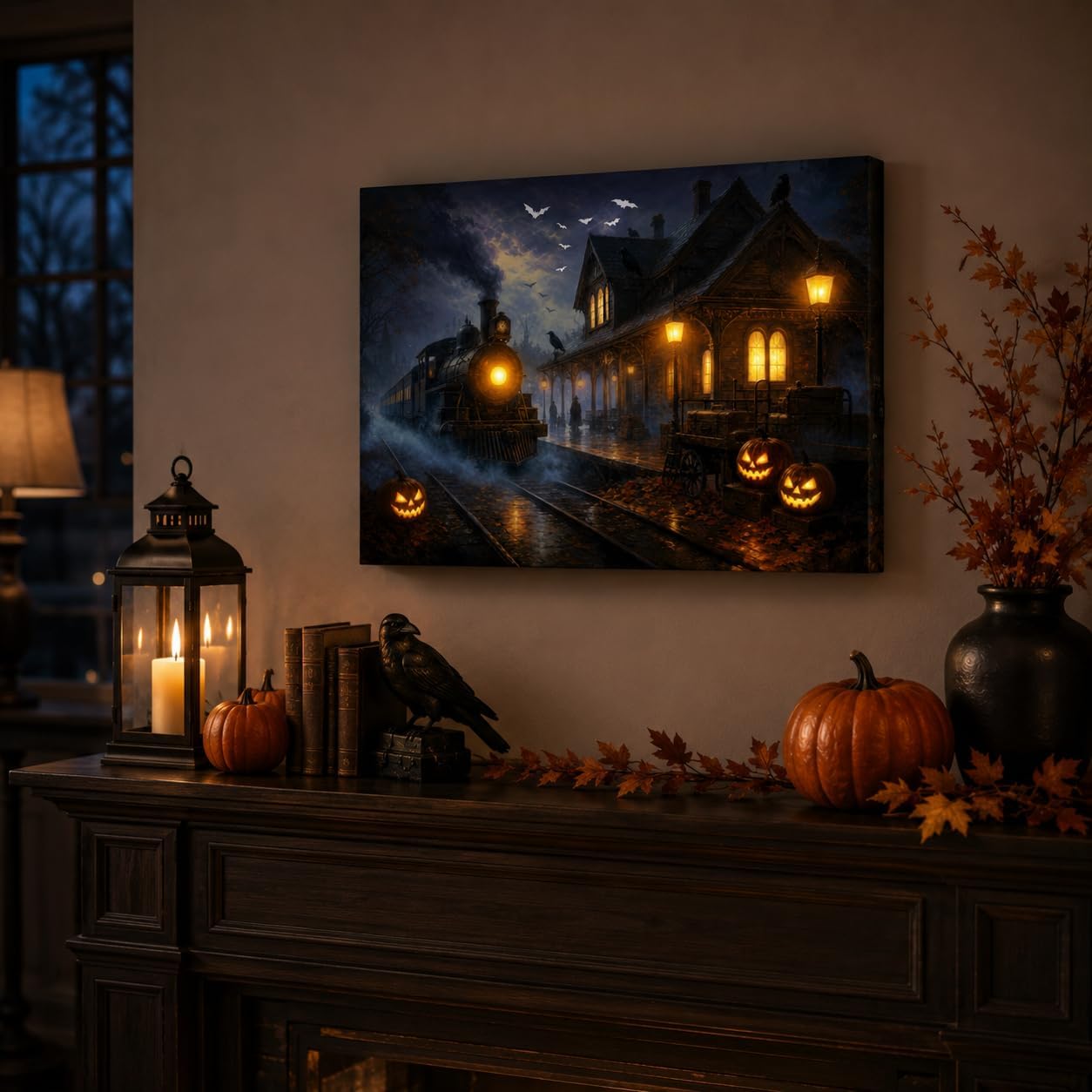 Artiluxy Lienzo decorativo LED de Halloween, estación de tren embru...