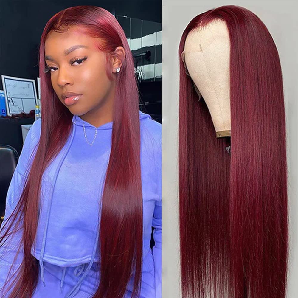 Estelle Wig - Pelucas de cabello humano sedoso color tinto, encaje...