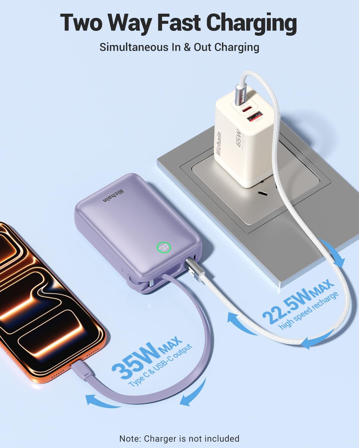 Hichain Banco del poder de 20000mAh 35W, pantalla LED incorporada e...