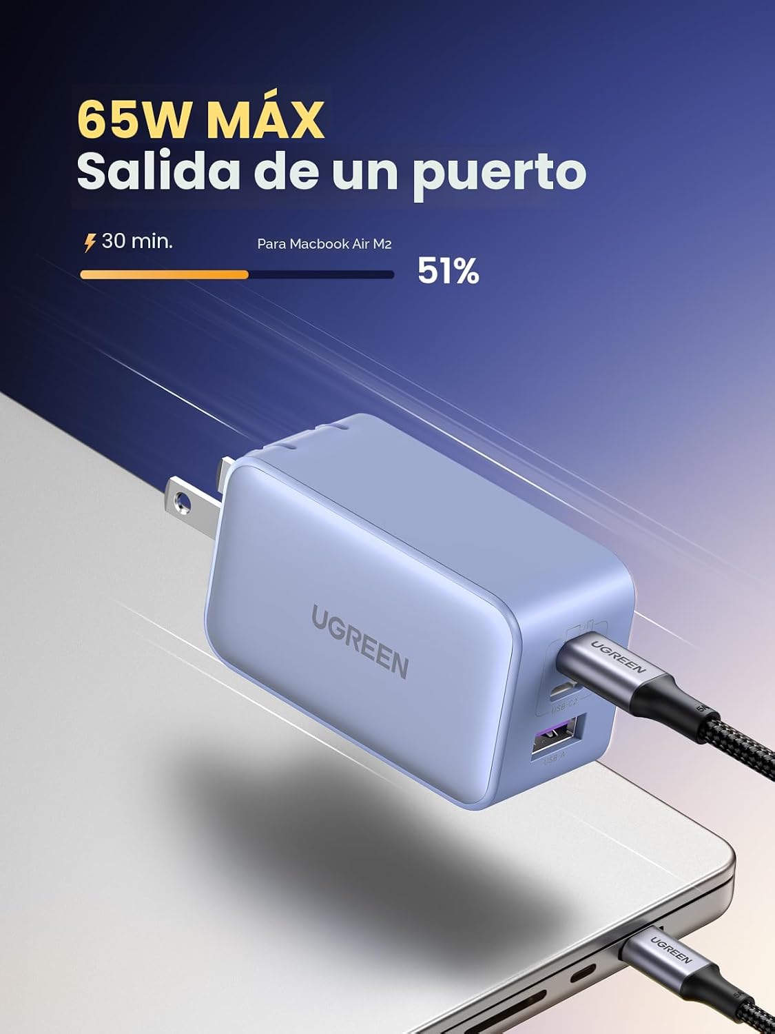 UGREEN Nexode 65W GaN Cargador de pared USB C, adaptador de corrien...
