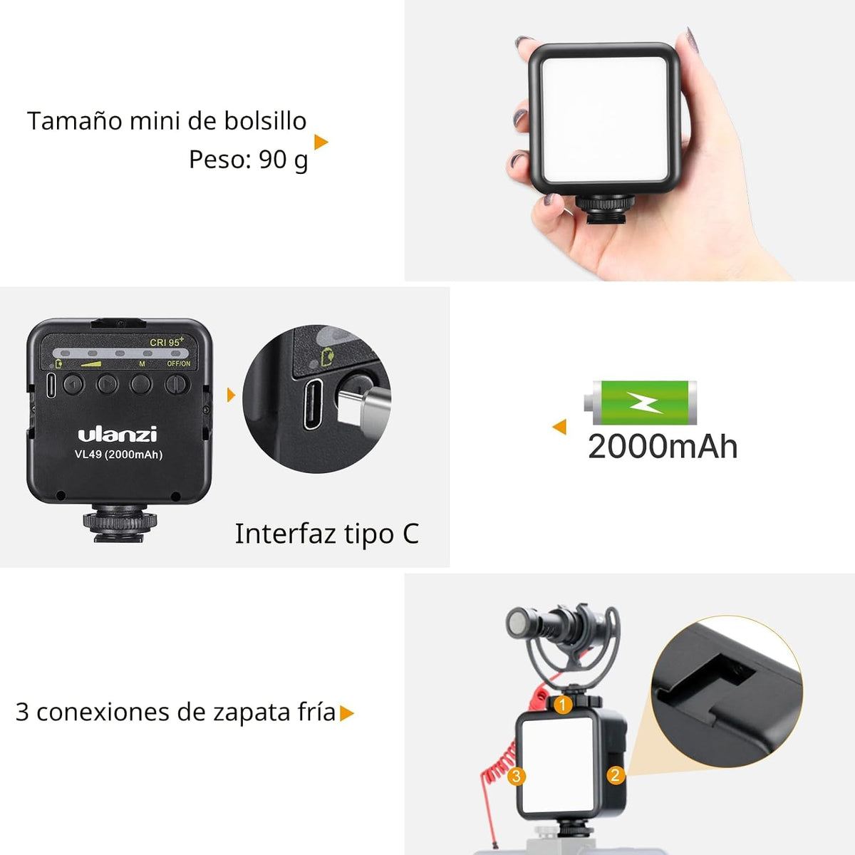Ulanzi VL49 - Luz de relleno de video LED en cámara, 5500K 2000mAh...