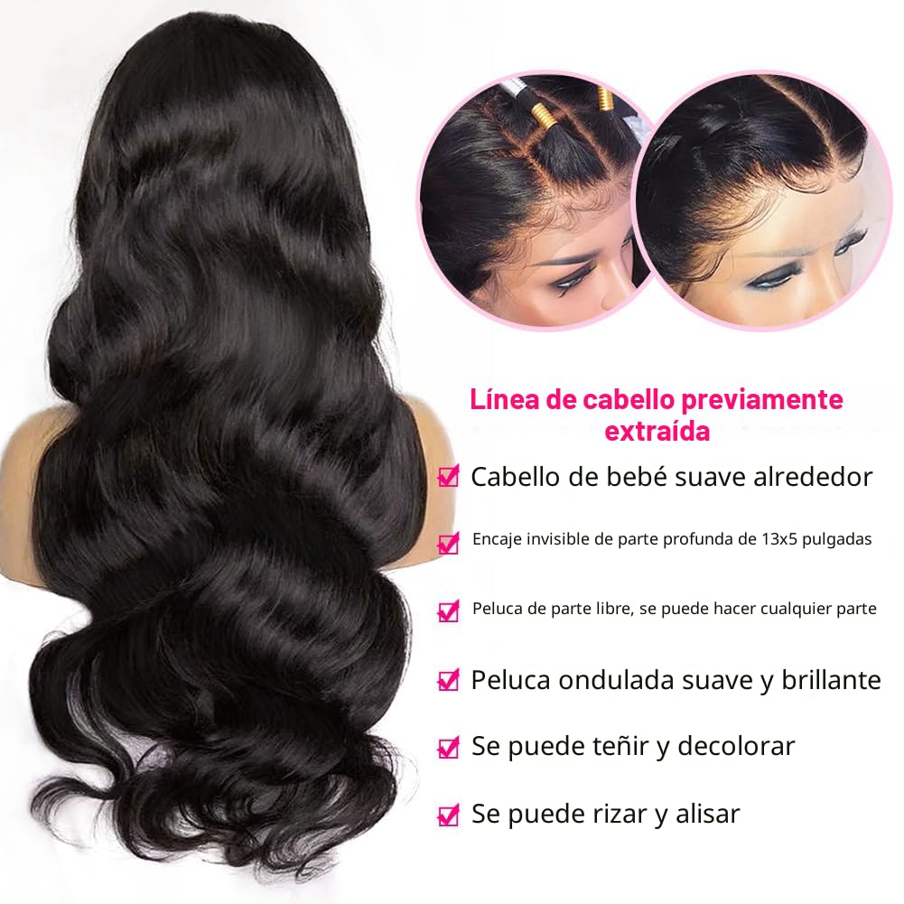 Peluca de pelo natural con malla frontal para mujer, línea capilar...