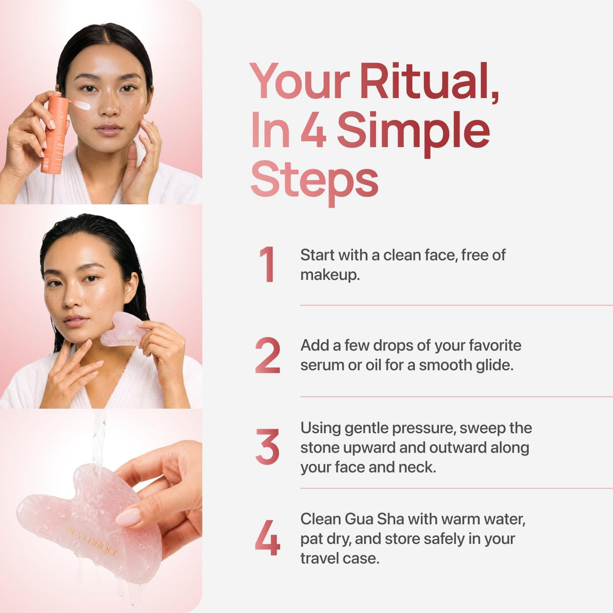 PLANTIFIQUE Herramienta Gua Sha de cuarzo rosa, masajeador facial a...
