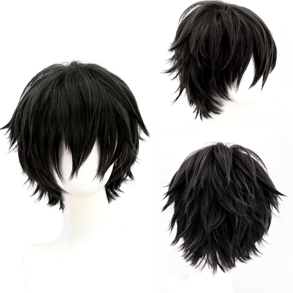 PORSMEER Peluca corta de anime negra para hombre, unisex, con capas...