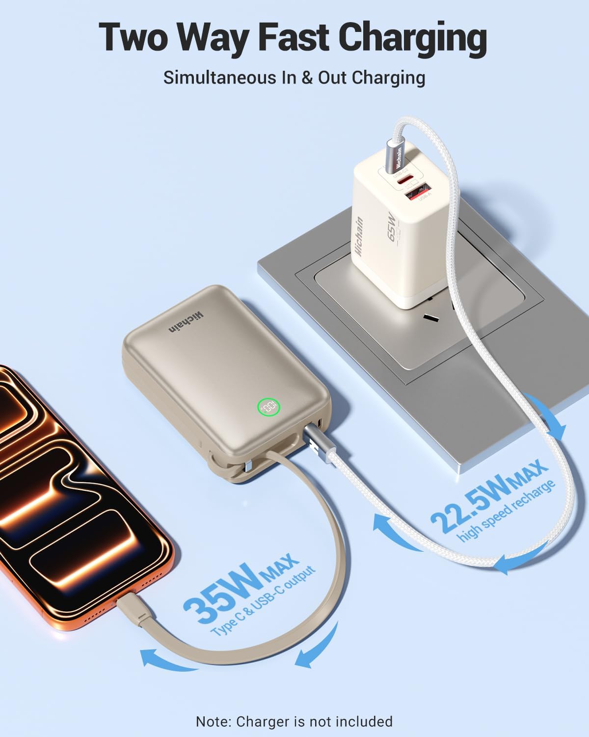 Hichain 20000mAh 35W Power Bank Cargador portátil con cables incorp...