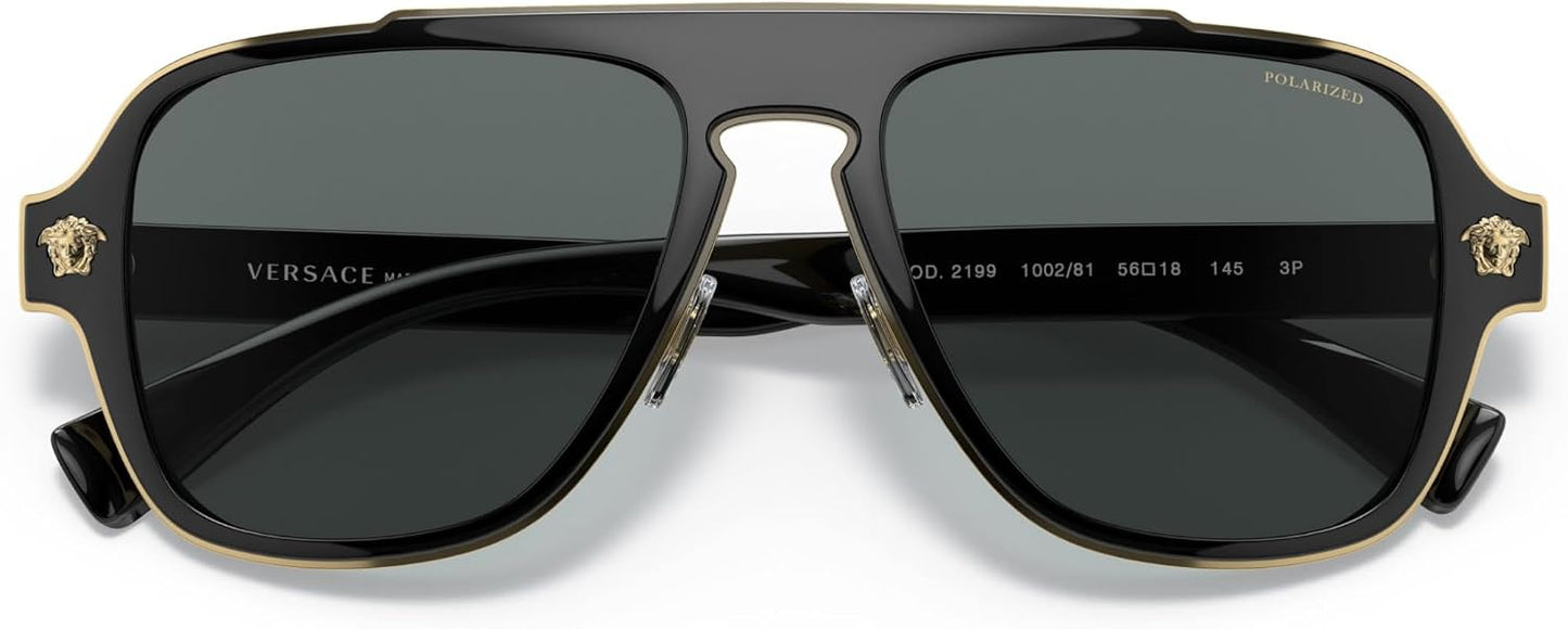 Versace - Gafas de sol para hombre, marco negro, lentes grises oscu...