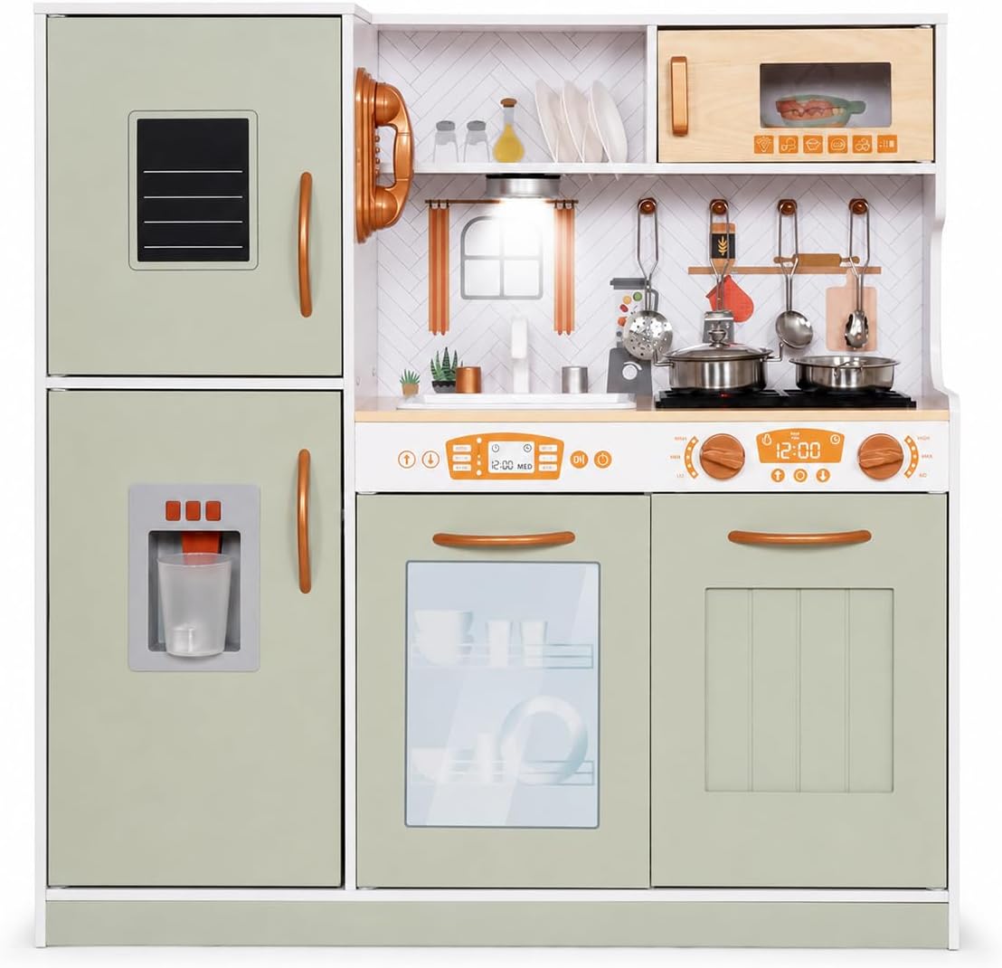 Juego de juguetes de cocina de madera con luz, juego de cocina de j...
