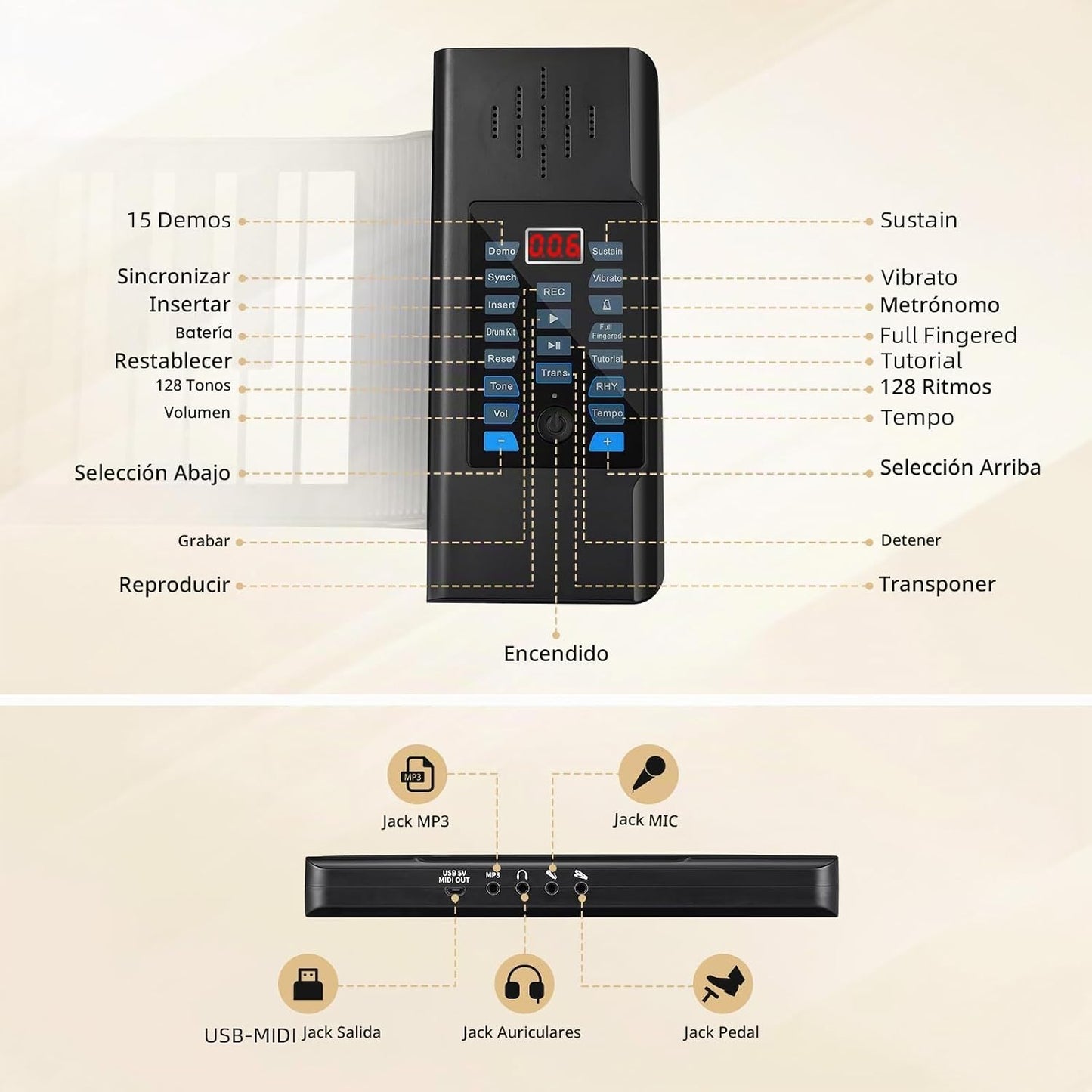 POGOLAB Piano de teclado enrollable de 61 teclas, piano plegable el...