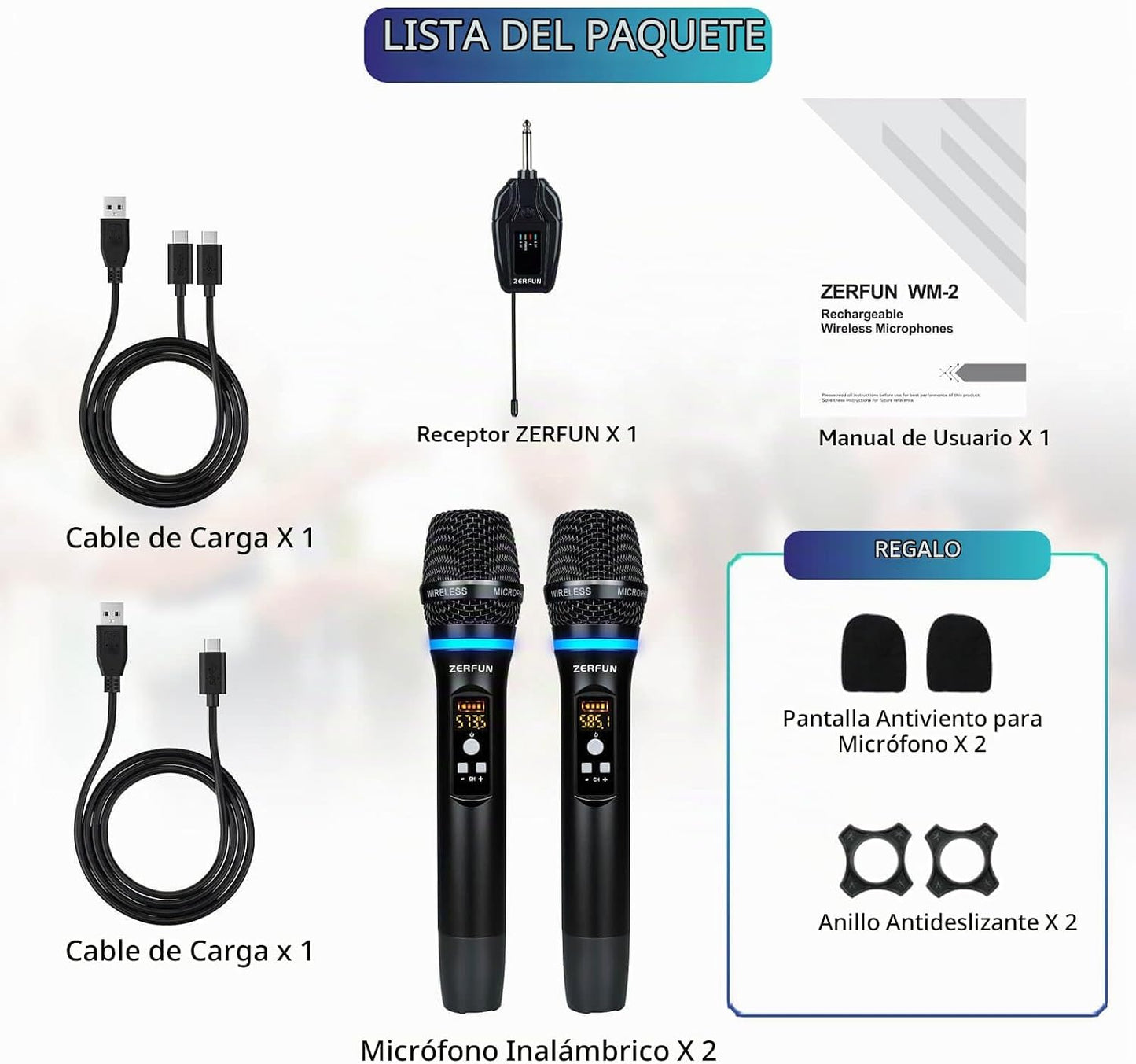 ZERFUN Micrófonos inalámbricos duales recargables, sistema de micró...