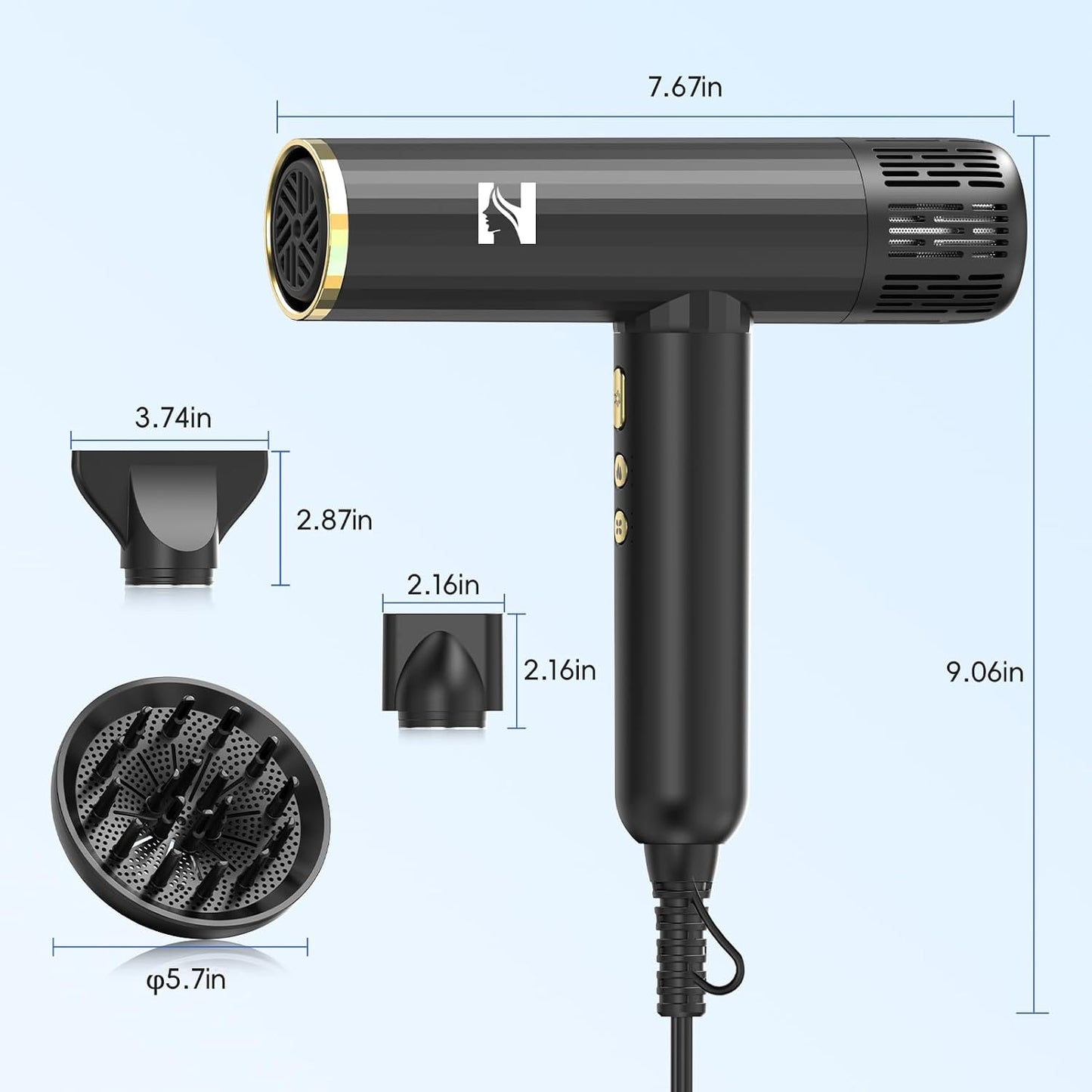Nicebay Secador de pelo iónico con difusor para cabello rizado, mot...