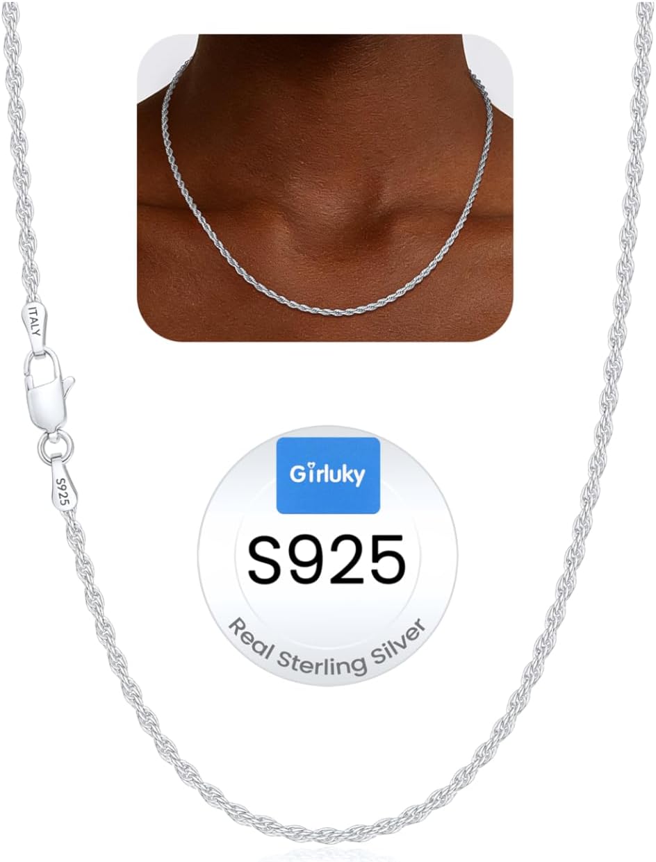 Girluky Cadena de cuerda de plata de ley 925 de 0.059 in y 0.079 in...