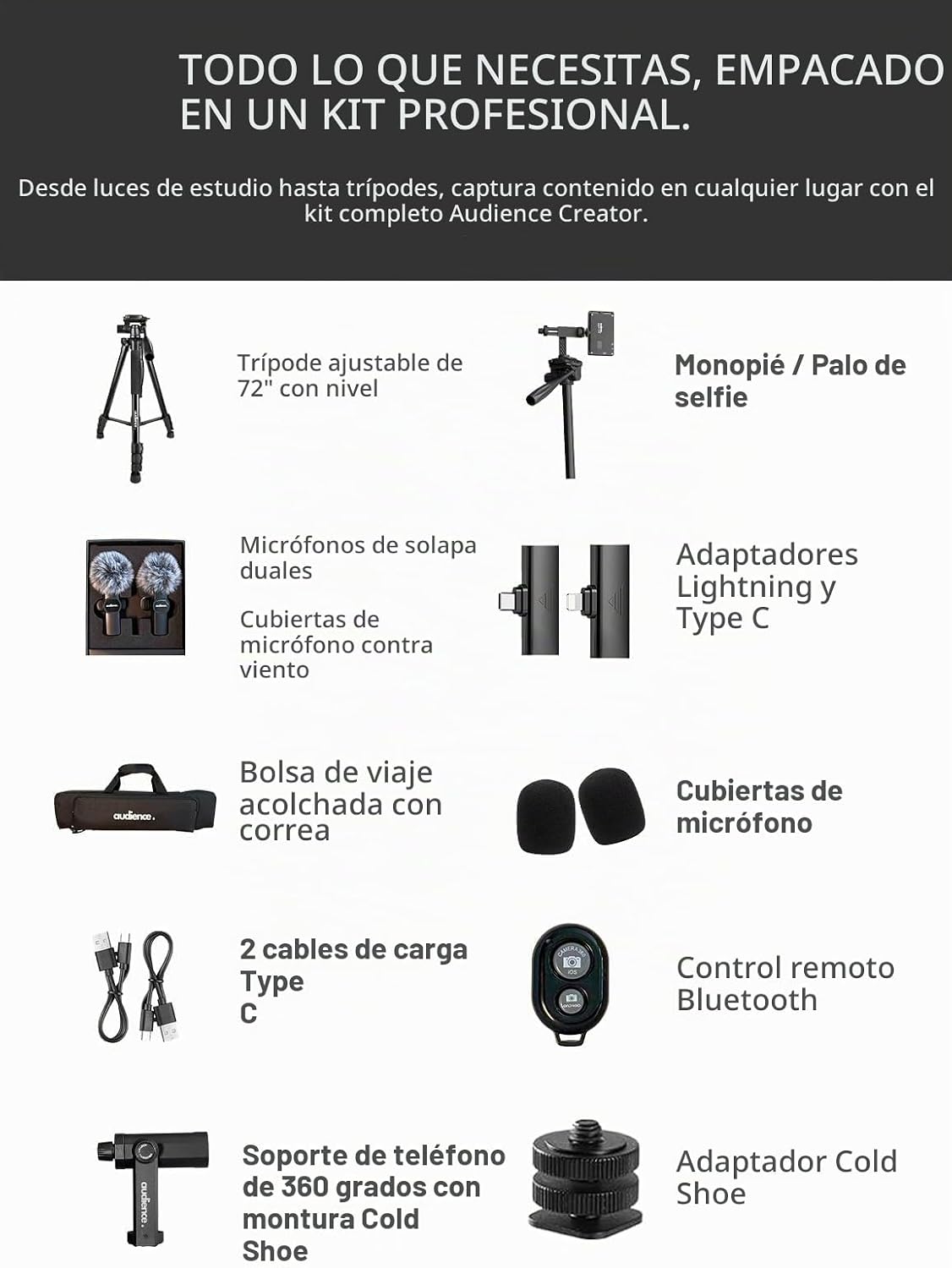 Audience Kit de creador móvil profesional - Trípode ajustable de 72...