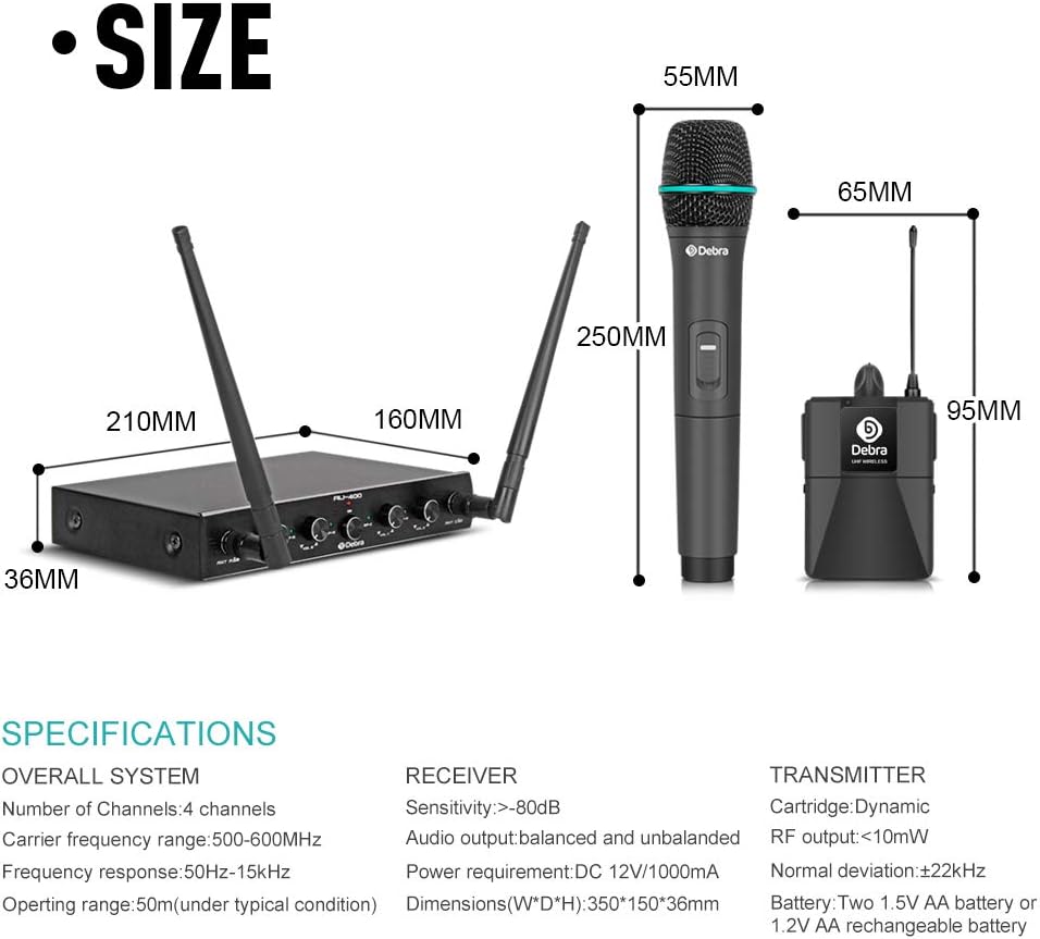 Sistema de micrófono inalámbrico Debra Audio Pro UHF de 4 canales |...