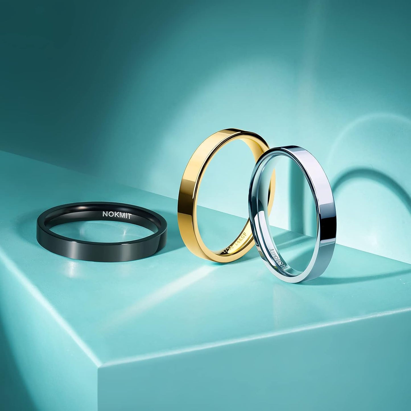 NOKMIT Anillos rellenos de oro de 14 quilates de 3 mm para mujeres,...