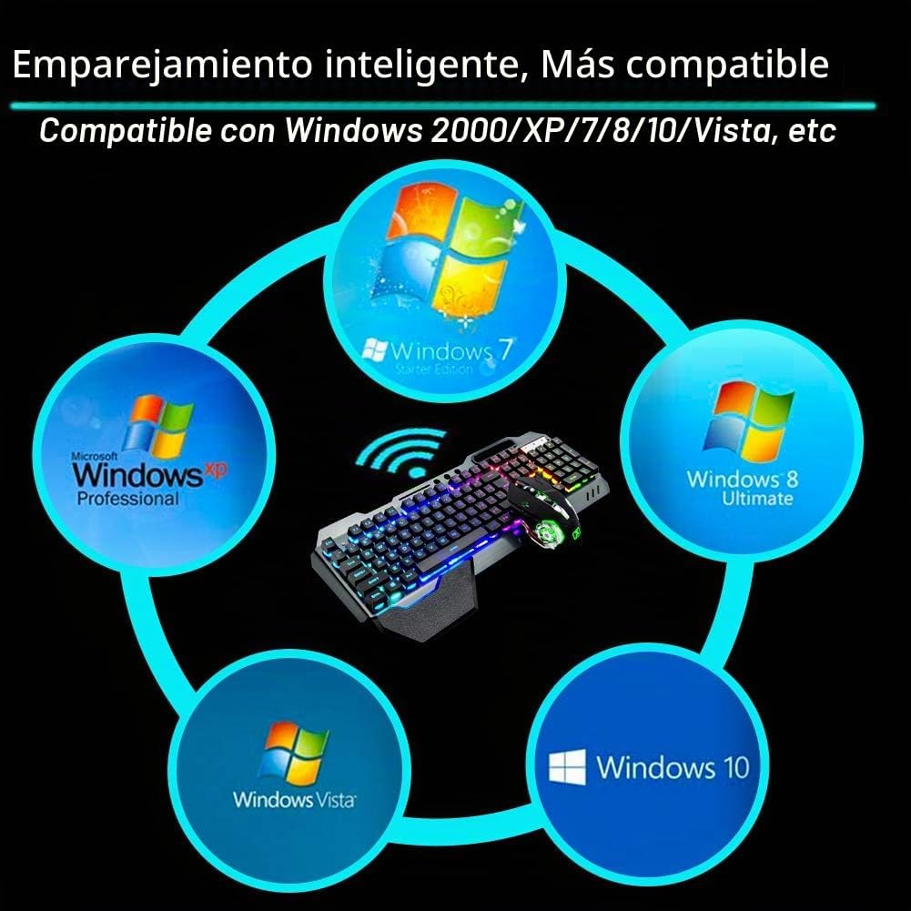 Teclado y ratón inalámbricos para juegos, teclado recargable con re...