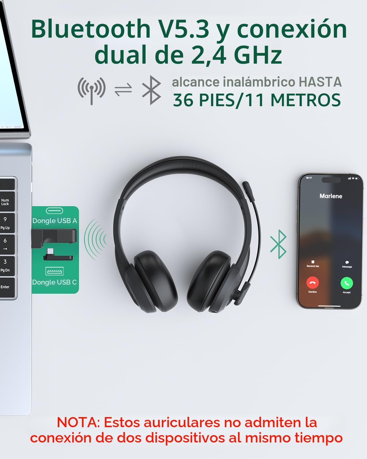 AOC Auriculares inalámbricos con micrófono para trabajar con micróf...