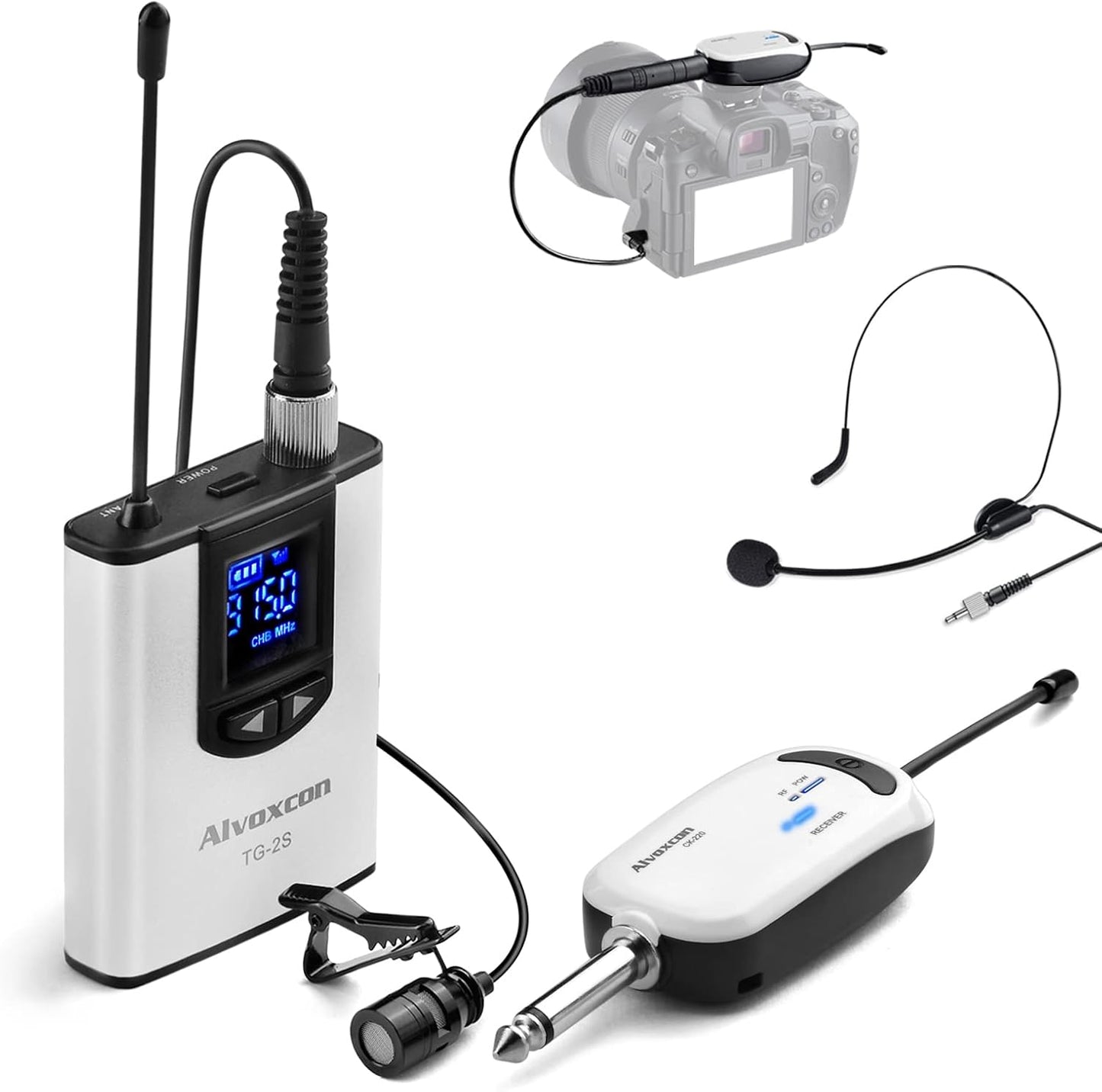 Alvoxcon Sistema de Micrófono Inalámbrico de Diadema Lavalier Siste...