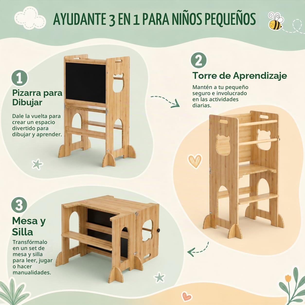 APRTAT Taburete de cocina 4 en 1 para niños pequeños, torre de apre...