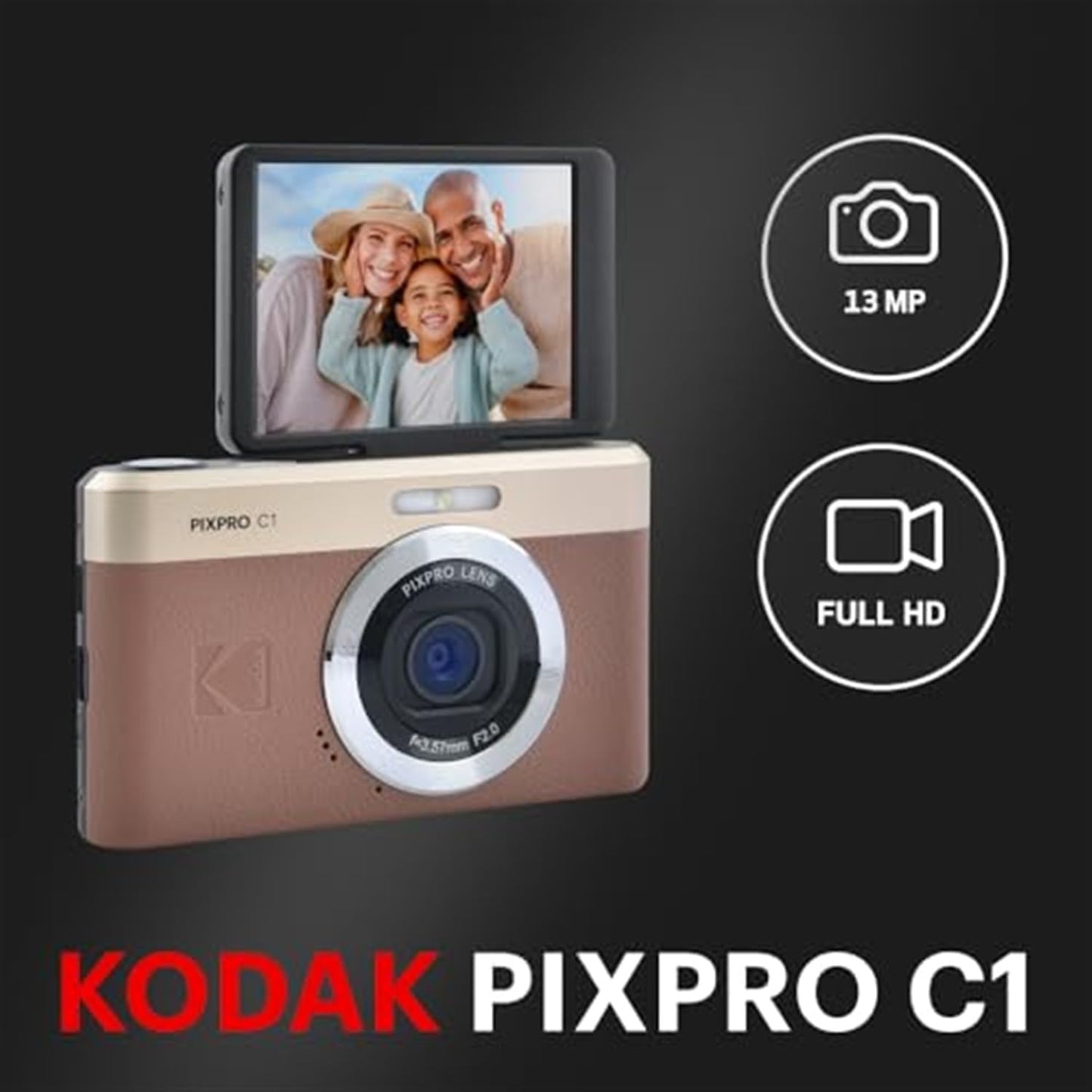 Kodak PIXPRO - Paquete de cámara digital compacta C1 (marrón) con t...