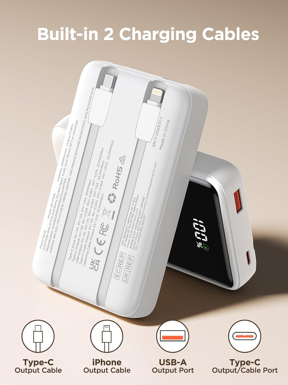 Aioneus Cargador portátil de 20000 mAh, banco de energía con cables...