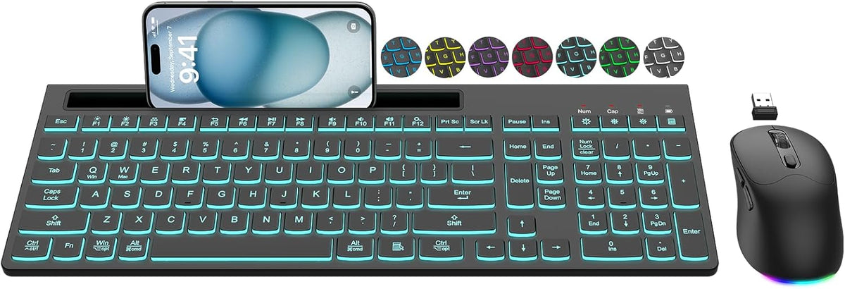 Combo de teclado y mouse inalámbricos, 7 efectos retroiluminados, l...