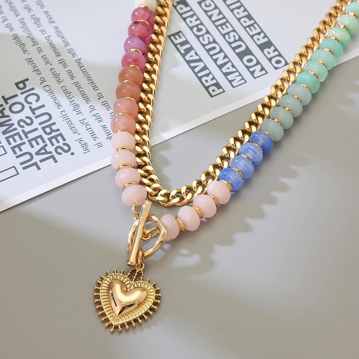 ALFISO Collares en capas para mujer, colgante de corazón chapado en...