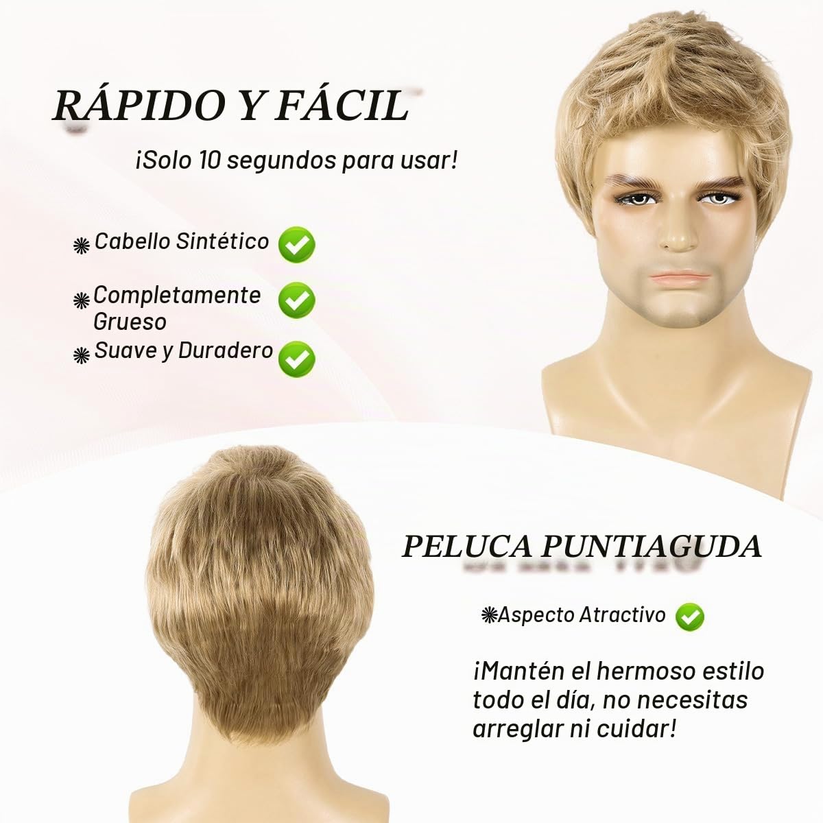 BEAUTY FLAG - Peluca rubia para hombre de cabello corto y liso sint...