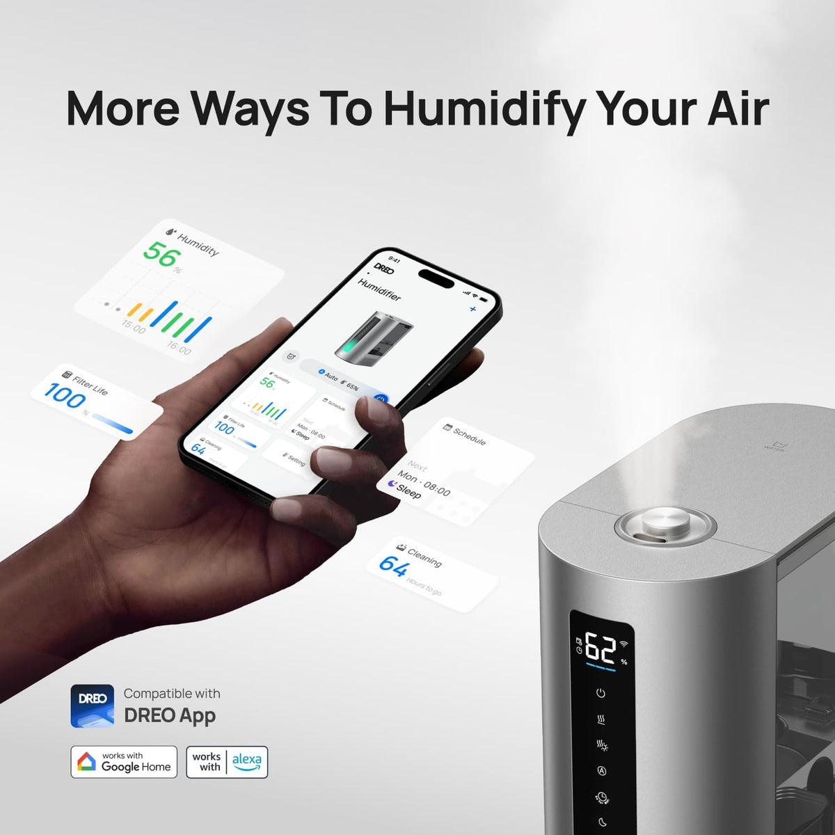 DREO Humidificadores inteligentes de 6L para dormitorio, niebla cál...