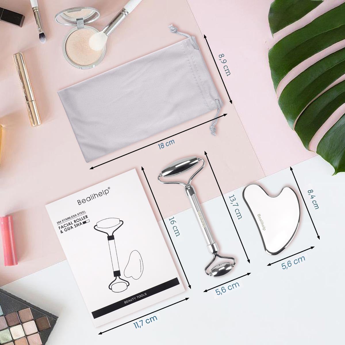Bealihelp Rodillo Facial y Gua Sha, Rodillo Facial de Acero Inoxida...
