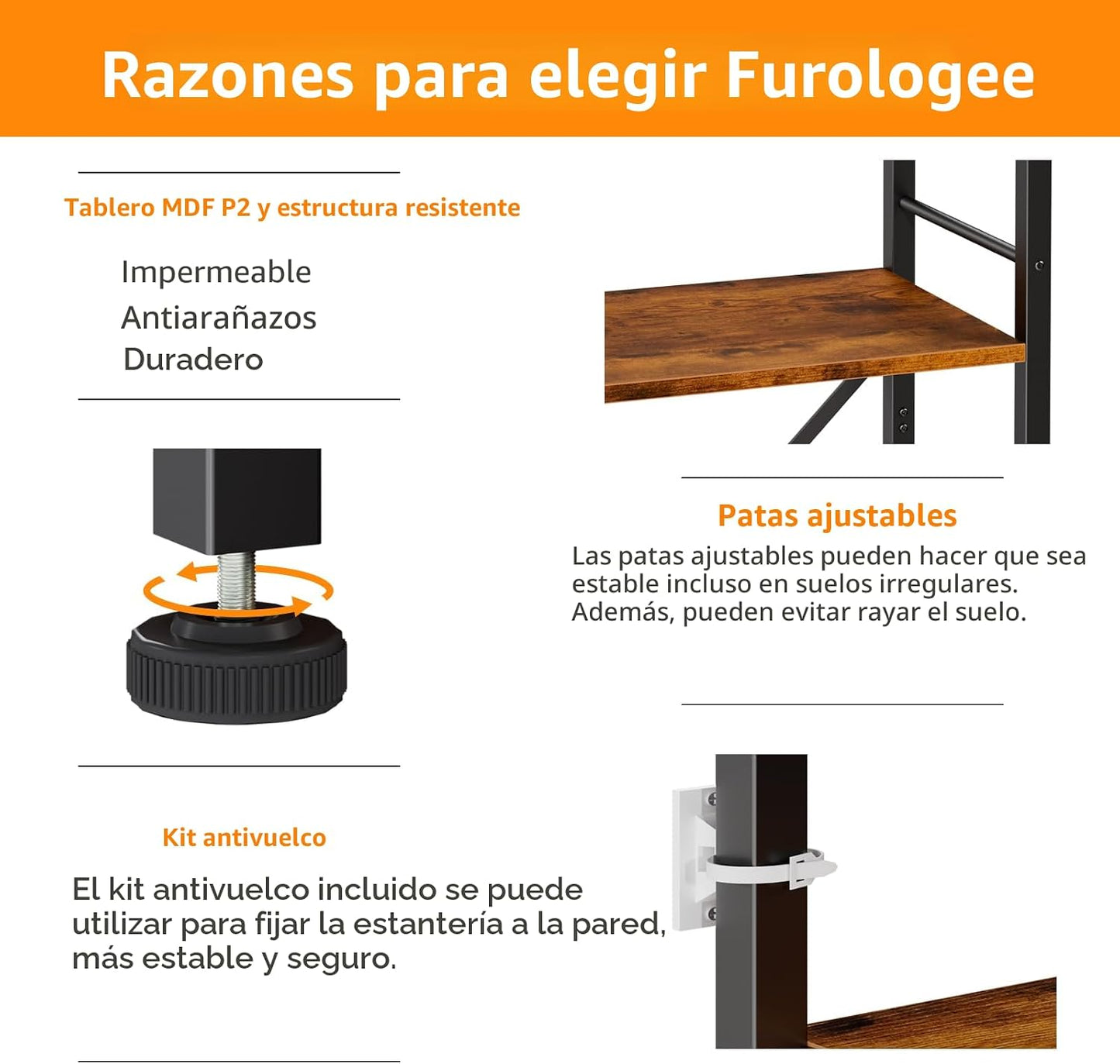 Furologee - Librero de 5 niveles alto, estante rústico estrecho, un...