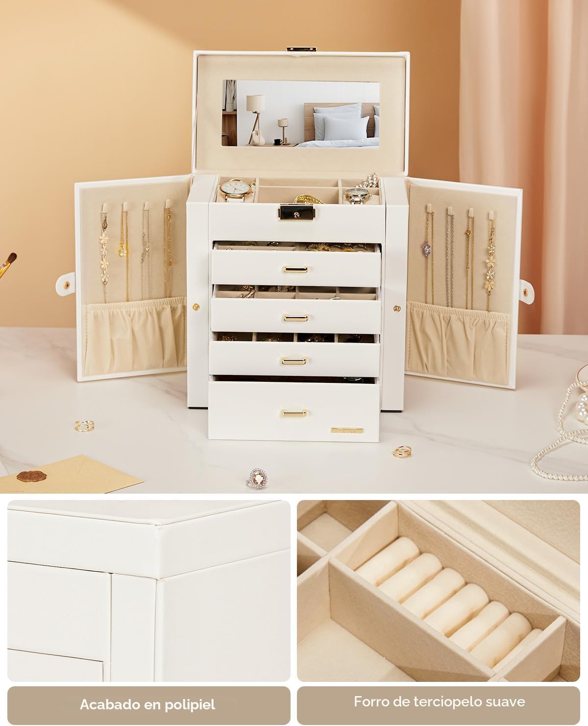 Homde - Joyero grande para mujer: organizador de 5 capas con cerrad...