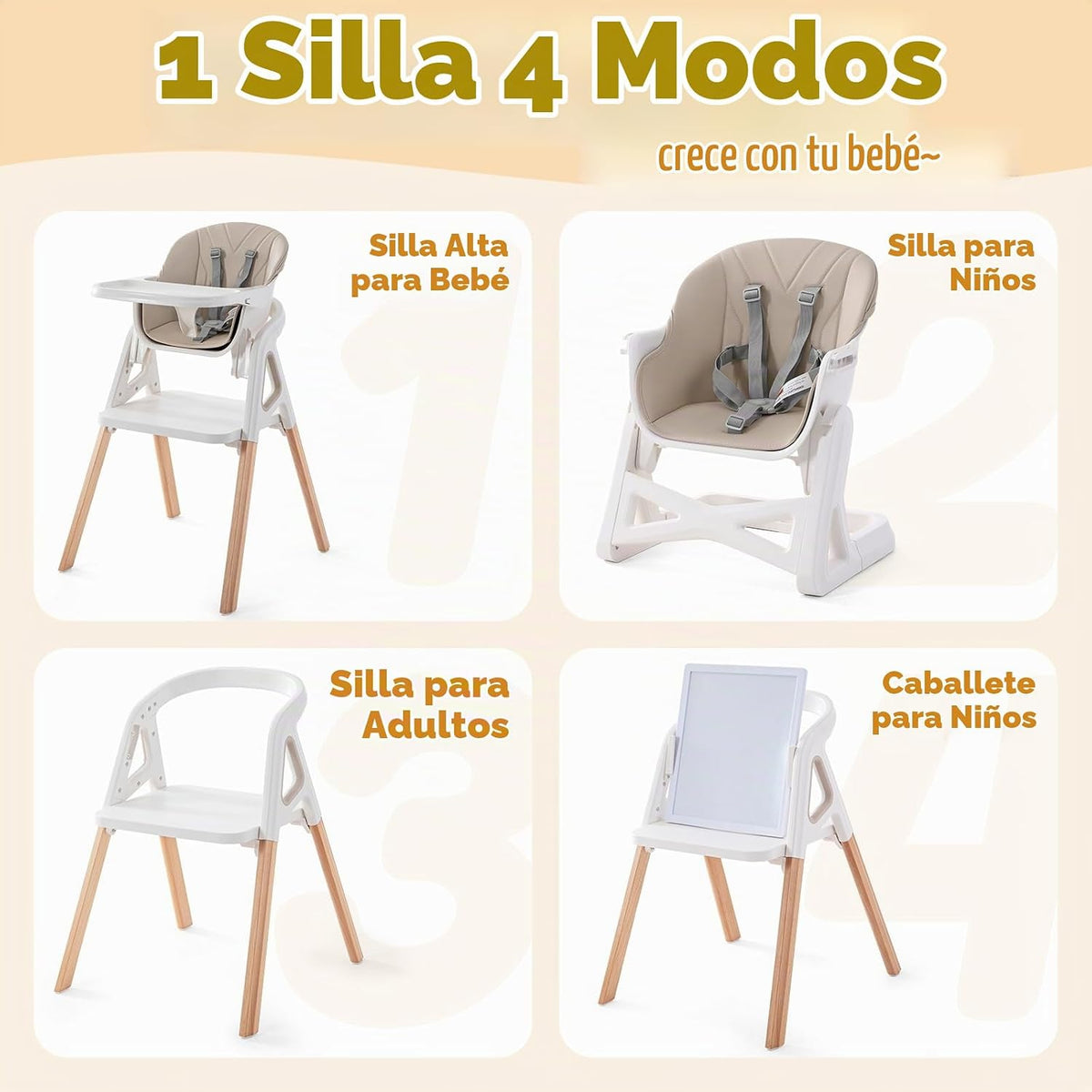 Silla alta para bebé, silla alta convertible de madera 4 en 1 para...