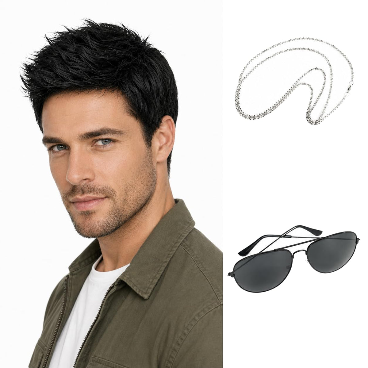 Star Flower Pelucas negras para hombre, peluca sintética de capas c...