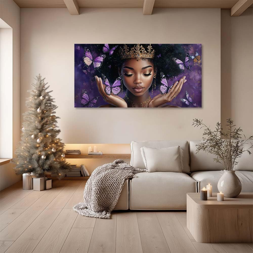 Lienzo de reina afroamericana para pared, diseño de mariposa morada...