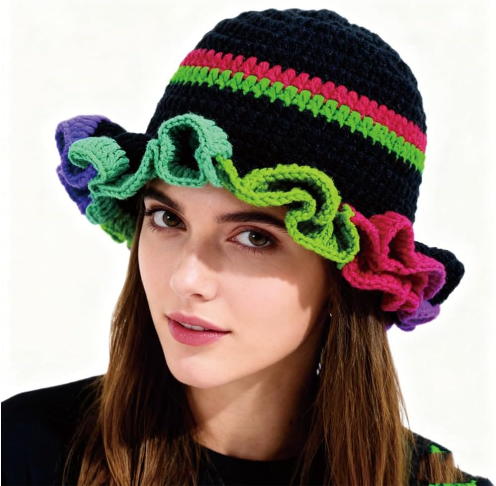 AMOFIA Gorro de punto para mujer, gorro de ganchillo con volantes,...