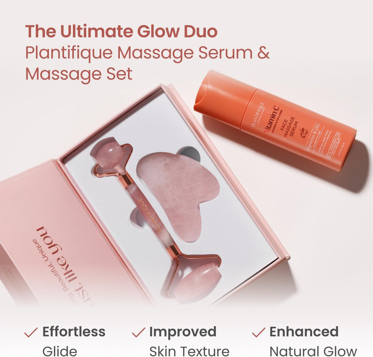 PLANTIFIQUE - Juego de rodillos faciales y Gua Sha de cuarzo rosa,...