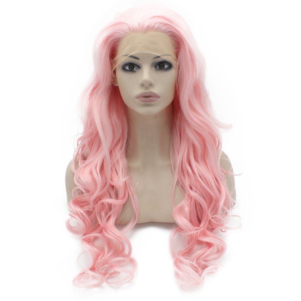 MX angel Peluca larga ondulada de encaje sintético frente rosa fies...